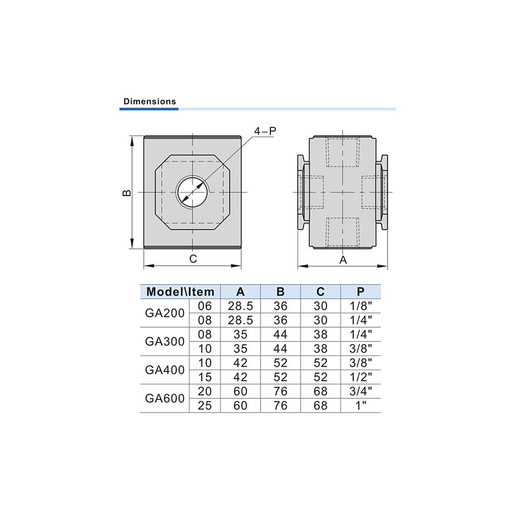 GA40010T AIRTAC DIVERTER BLOCK<BR>GA400 (DB) SERIES 3/8" NPT